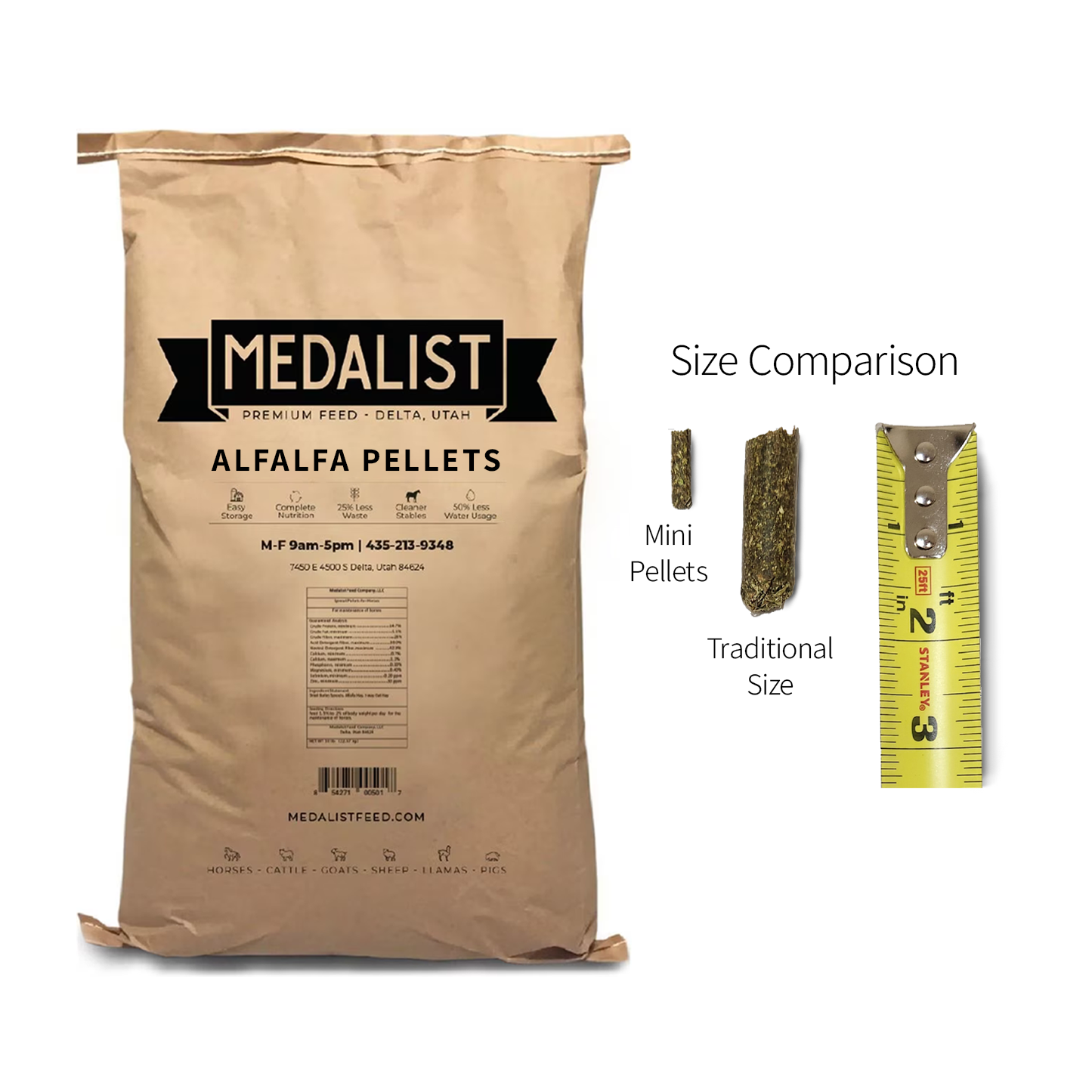 Medalist mini alfalfa pellets size comparison with traditional size and measuring tape.