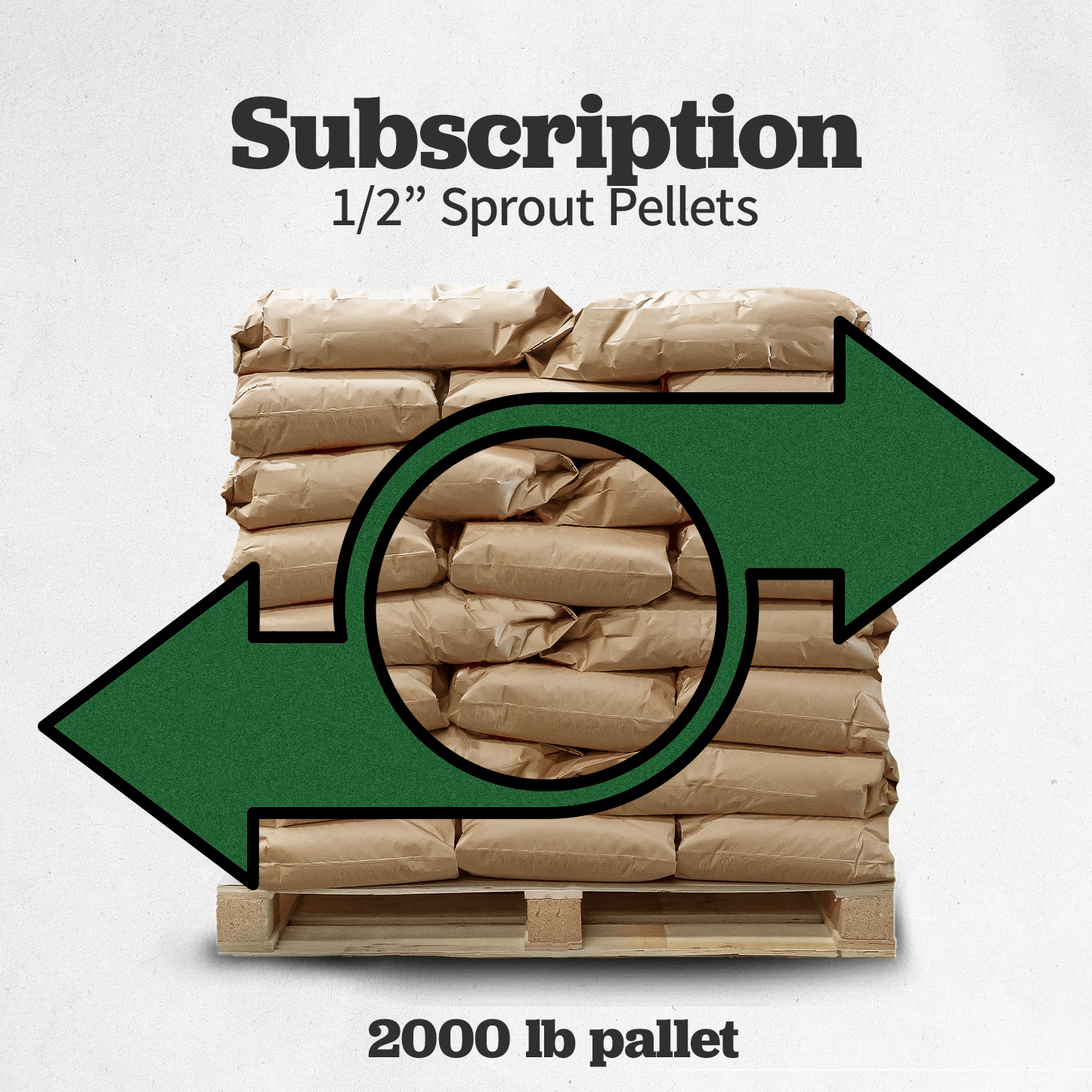 "Subscription for 1/2 inch sprout pellets on a 2000 lb pallet, offering convenient reordering and cost savings"