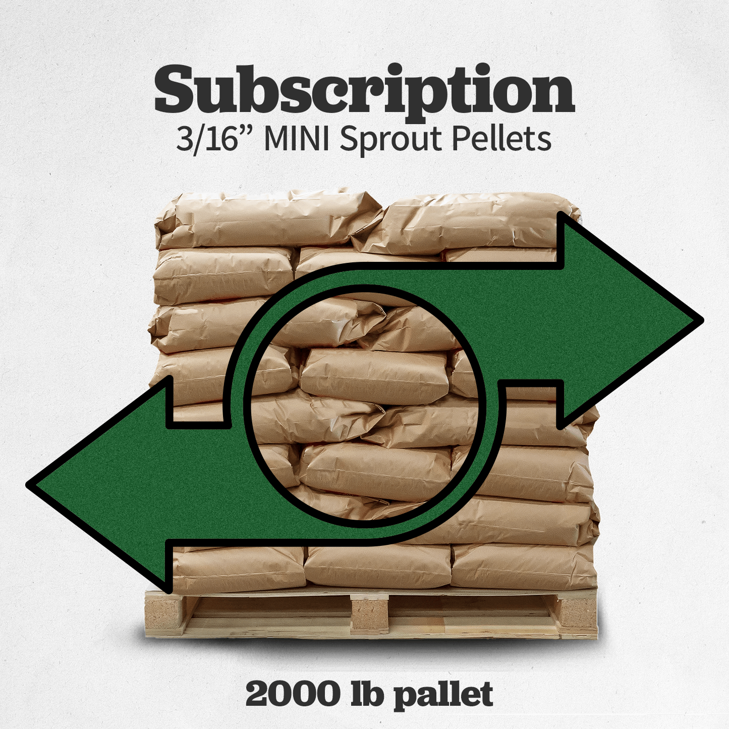 "Subscription 3/16” Mini Sprout Pellets 2000 lb pallet with green arrows indicating recycling or automatic reordering"