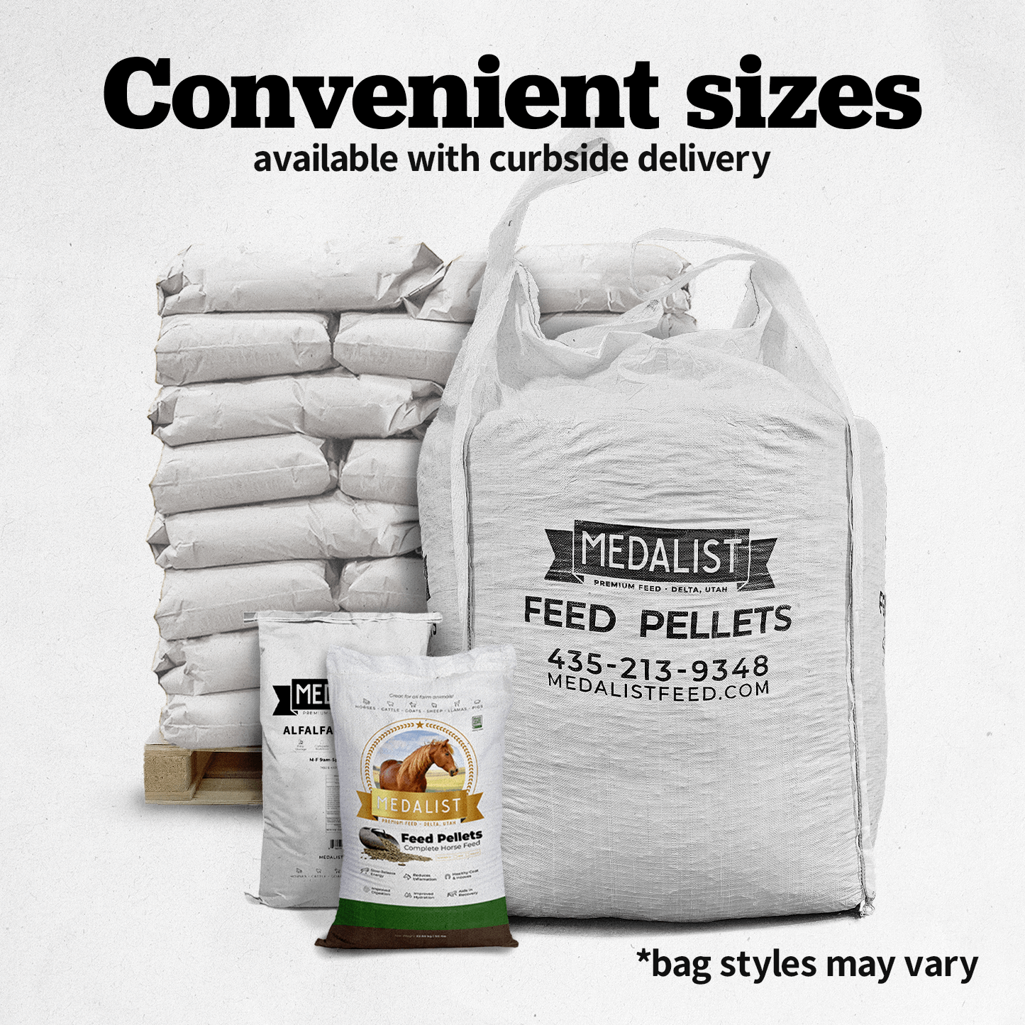 "Medalist mini alfalfa pellets in various bag sizes with curbside delivery option"