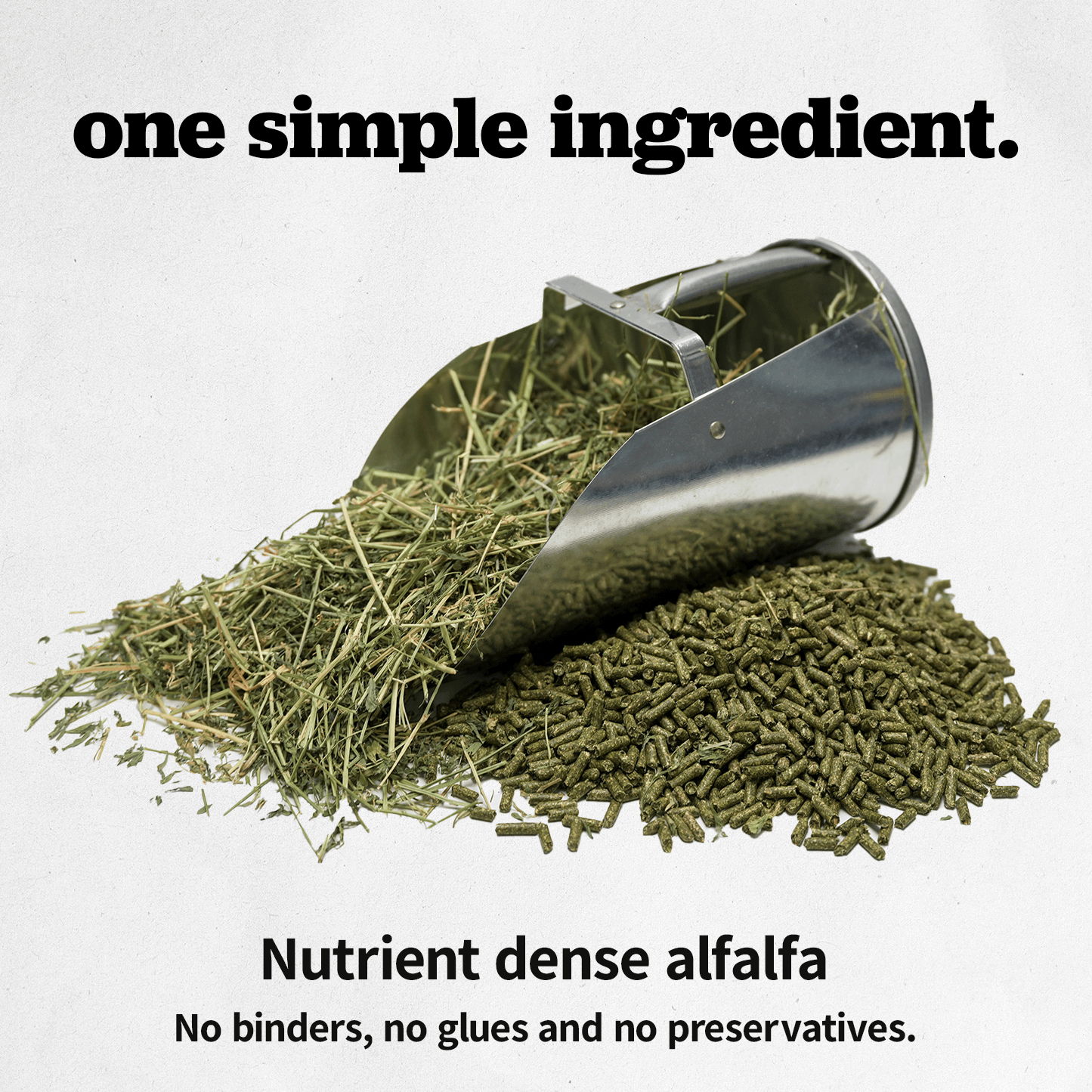 "Mini alfalfa pellets and hay with text 'one simple ingredient' and 'nutrient dense alfalfa, no binders, no glues, no preservatives'"