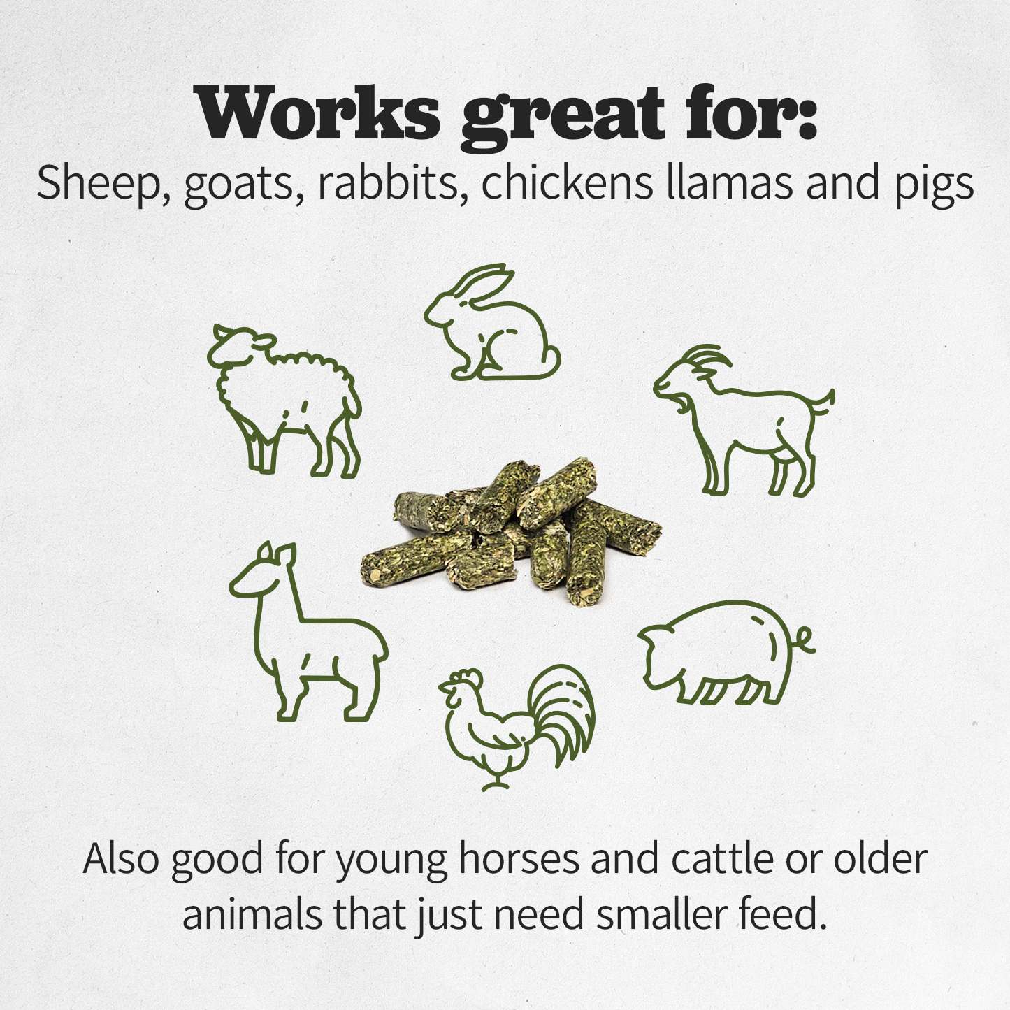 Mini alfalfa pellets ideal for sheep, goats, rabbits, chickens, llamas, pigs, plus young and older animals needing smaller feed.